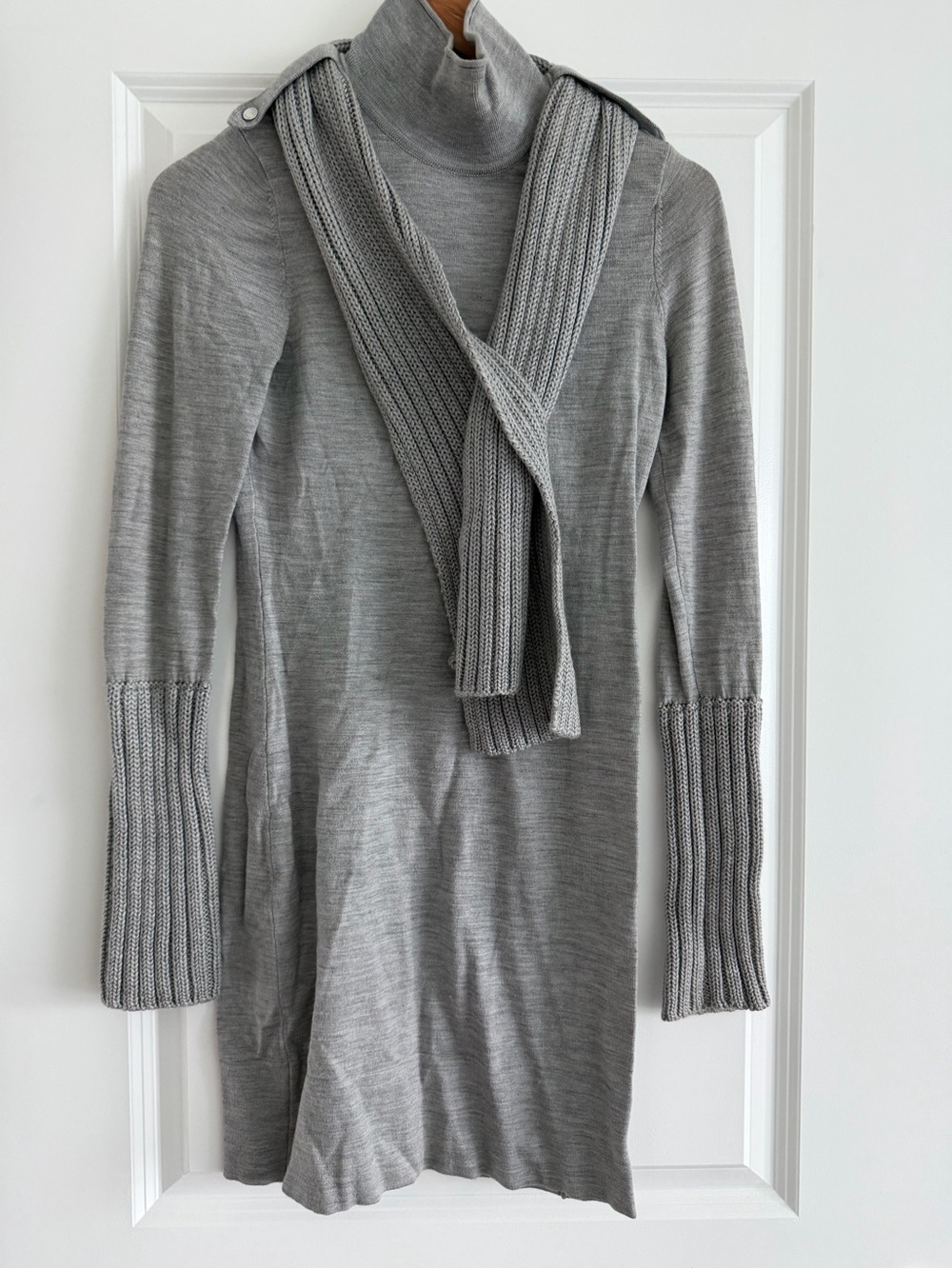 Karen Millen Light Gray Turtleneck Sweater Dress with Attached Scarf